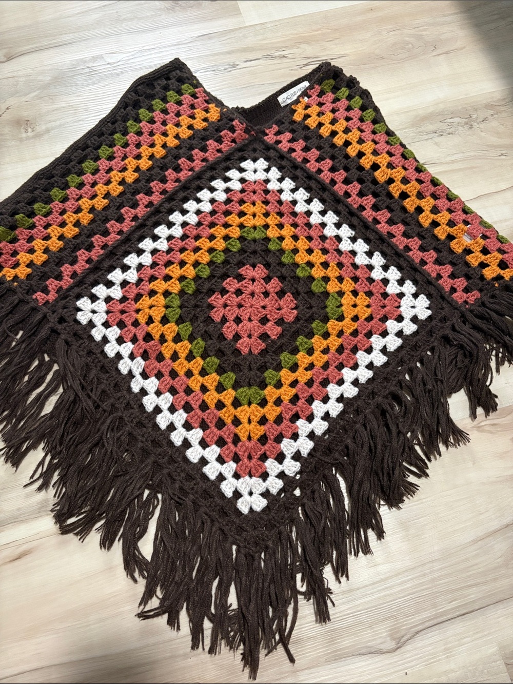 Cactus + Pearl Crochet Granny Square Poncho Brown Pink Fringed Cape OS